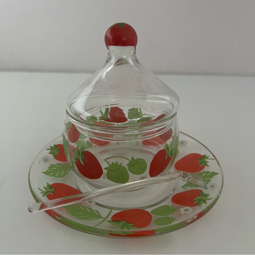 Strawberry Glass Jar with Lid and Plate